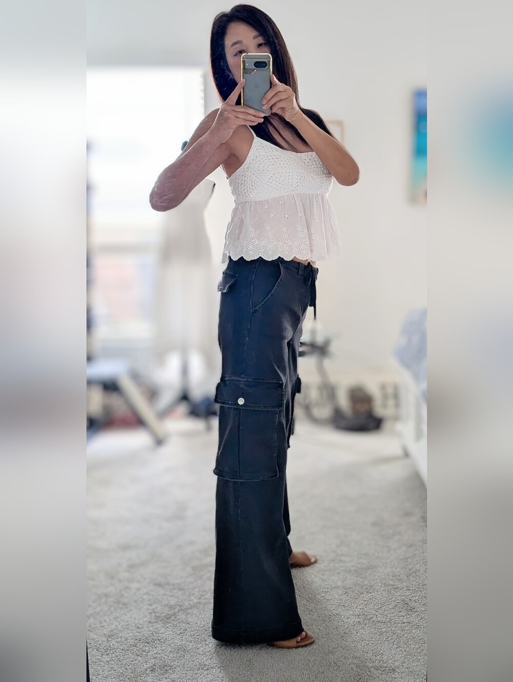 RSQ Washed Black Wide-Leg Cargo Pants with Drawstring Waist